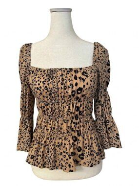 NWT Hayden Los Angeles Leopard Print Smocked Peplum Top | Small
